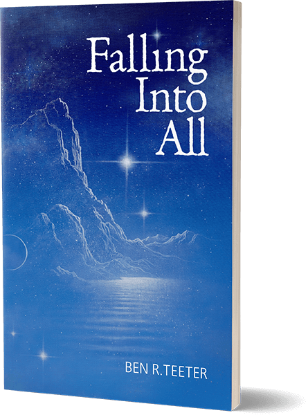 Falling Into All book cover, featuring a mountain, water and a dreamy, starry night sky.
